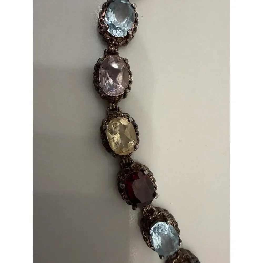 925 Thailand Sterling Silver Multi Color Gemstone Tennis Bracelet Vintage 8” 18g